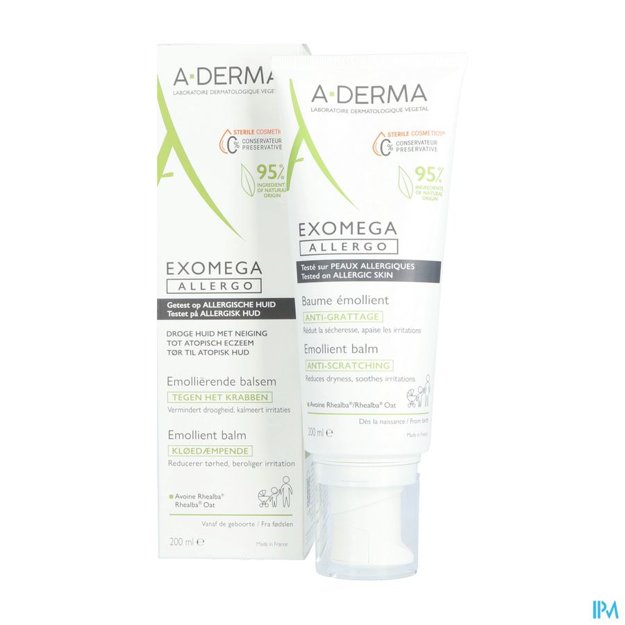 A-DERMA — EXOMEGA ALLERGO - BAUME ÉMOLLIENT COSMETIQUE STERILE -  Peaux allergiques anti-grattage démangeaisons