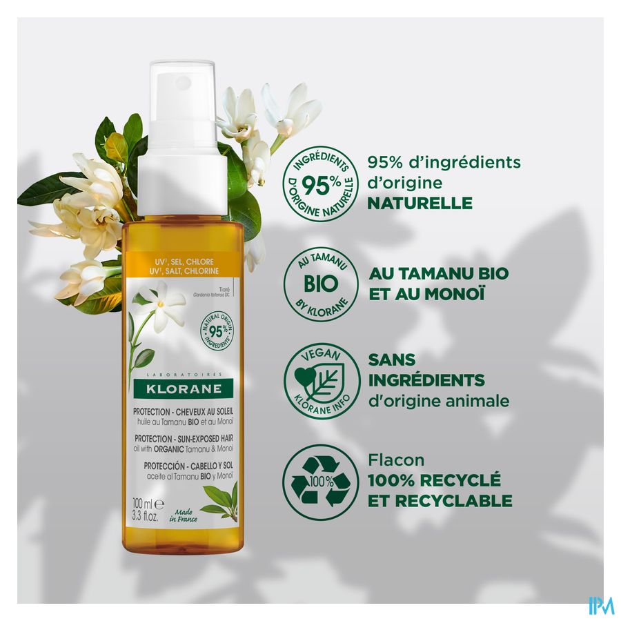 Klorane — Huile protectrice capillaire au Tamanu BIO et Monoï — Cheveux exposés au soleil