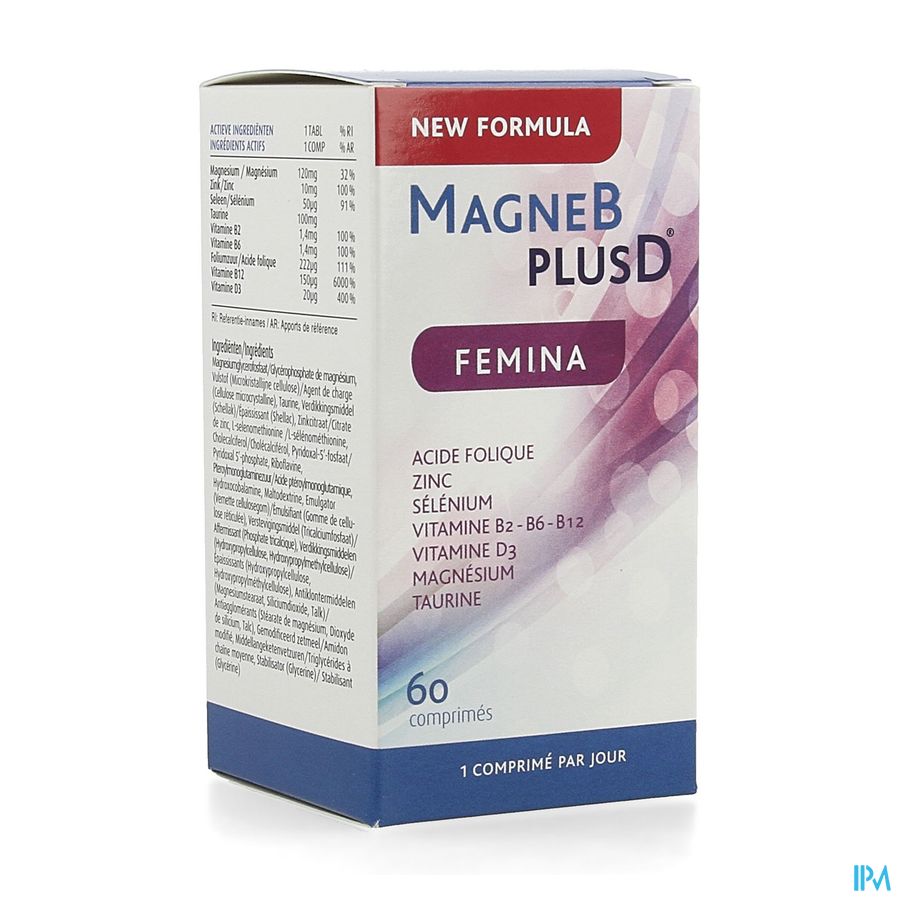 MagneBplusD Femina - Magnésium, Vitamine D, Vitamines B, Acide Folique, Zinc, Sélénium, Taurine - 60 comprimés