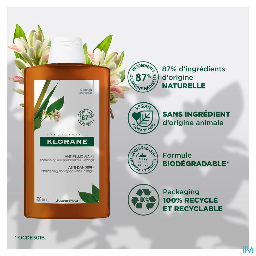 Klorane — Shampoing Rééquilibrant Antipelliculaire au Galanga — Pellicules libres