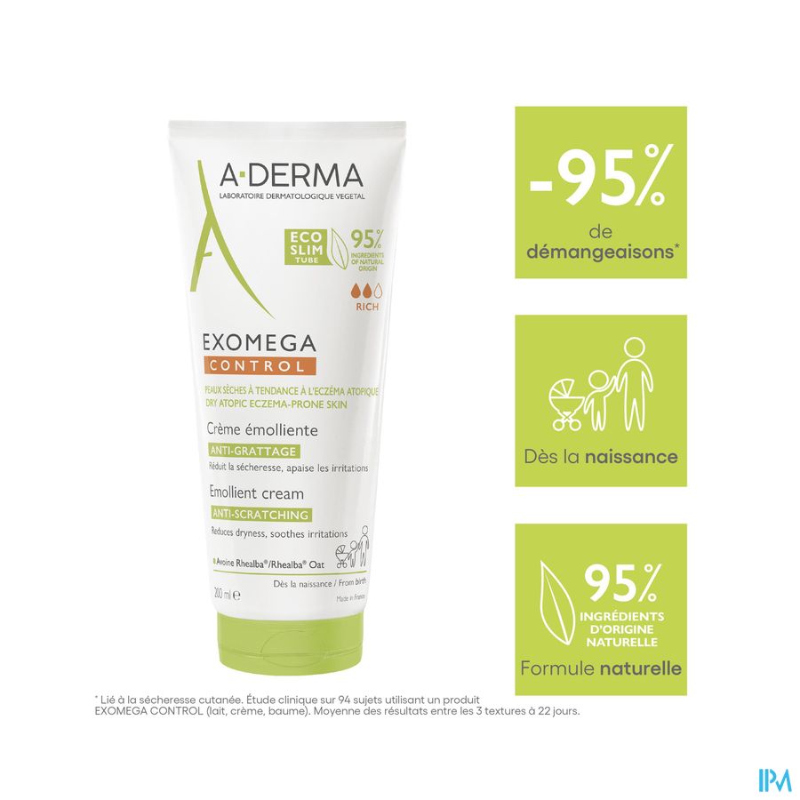 A-DERMA — EXOMEGA CONTROL — CRÈME ÉMOLLIENTE anti-grattage peau à tendance atopique