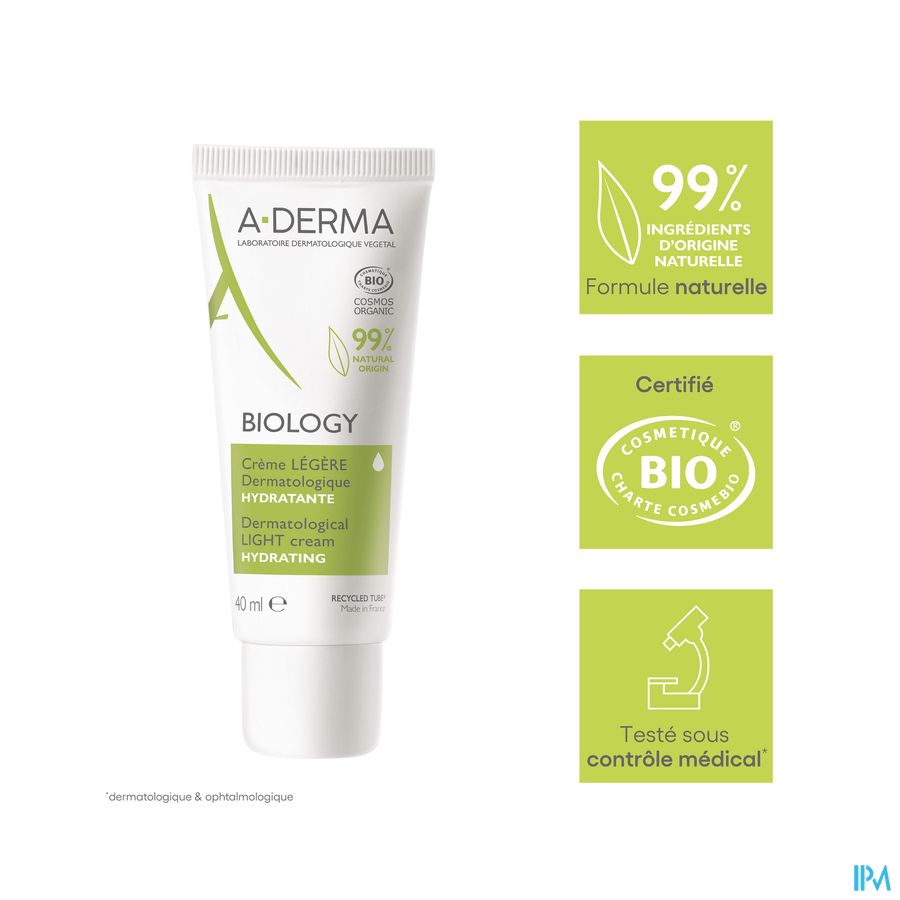 A-DERMA - BIOLOGY CRÈME LÉGÈRE DERMATOLOGIQUE HYDRATANTE - Crème visage hydratante légère - BIOLOGY