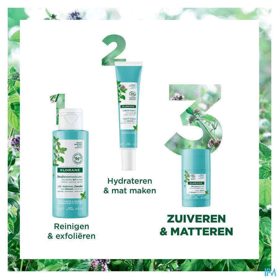 Klorane - Masque en stick Purifiant à la Menthe BIO et argile soin anti-imperfections peaux grasses à tendance acnéique