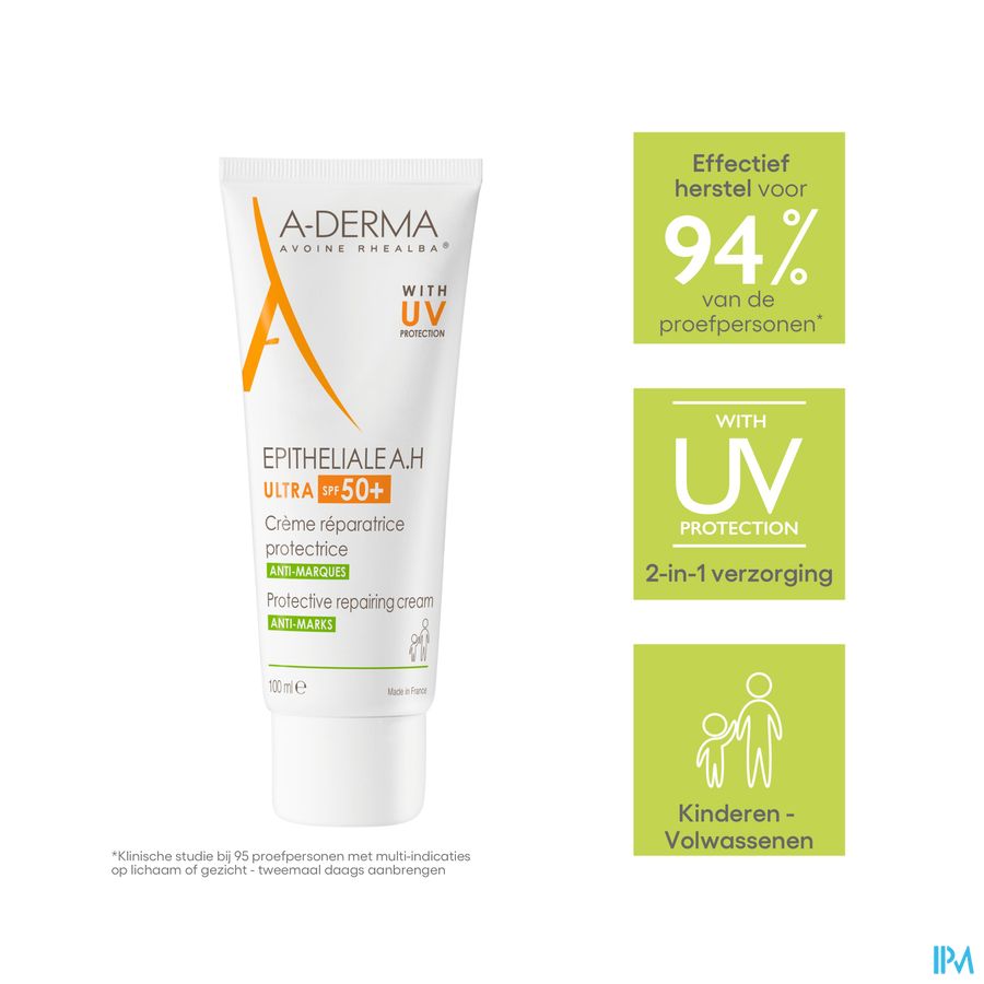 A-DERMA - EPITHELIALE A.H ULTRA SPF50+ CREME REPARATRICE ET PROTECTRICE ANTI-MARQUES - Peaux fragilisées, anti-marques cicatricielles et pigmentaires, post-acte dermatologique ou esthétique superficiel 100ml