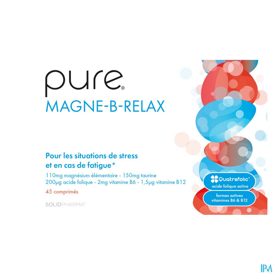 Pure Magne-B-Relax. Magnésium (hautement absorbable). Vitamines B actives. Taurine. Stress et fatigue. 45 comprimés