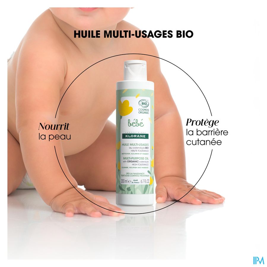 Klorane Huile multi-usages certifiée BIO au Calendula - Corps, siège, cheveux et cuir chevelu - Bébé