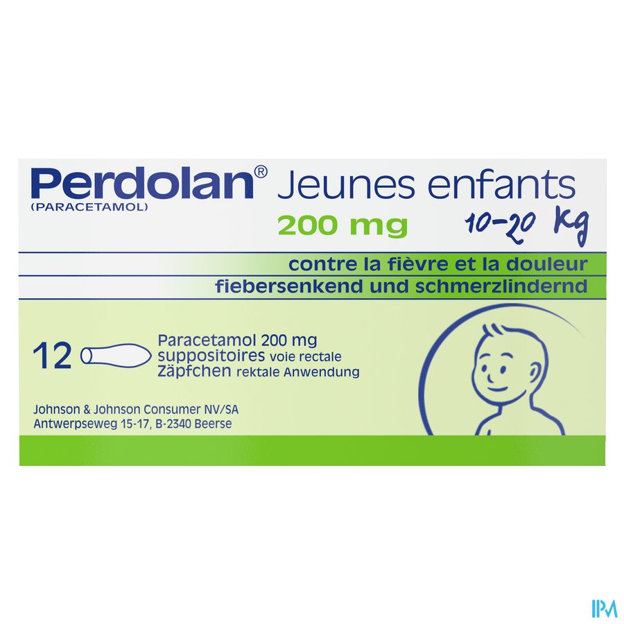 Perdolan® Jeunes enfants, suppositoires avec 200 mg de paracétamol, pour le traitement symptomatique de la fièvre et de la douleur chez les jeunes enfants, 12 suppositoires