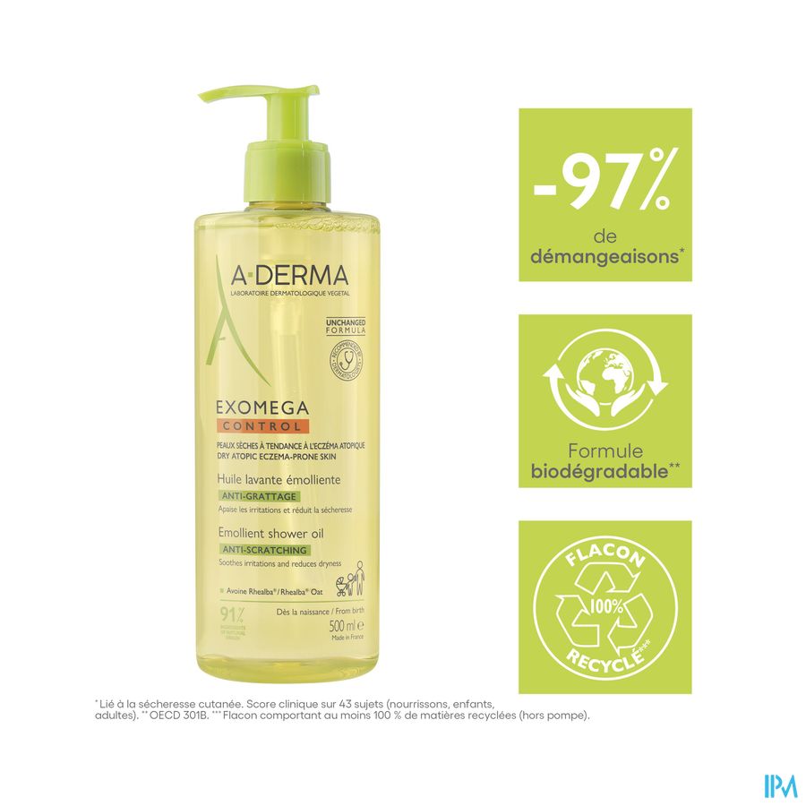 A-DERMA EXOMEGA CONTROL Huile lavante émolliente anti-démangeaisons - Peaux fragiles sèches à tendance atopique