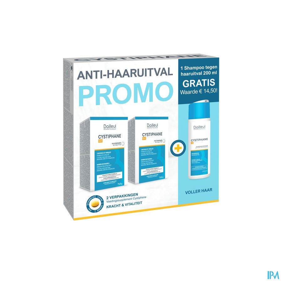 CYSTIPHANE fort cheveux et ongles PROMOPACK (2 X 120 comprimés + 1 shampoing antichute 200 ml GRATUIT)