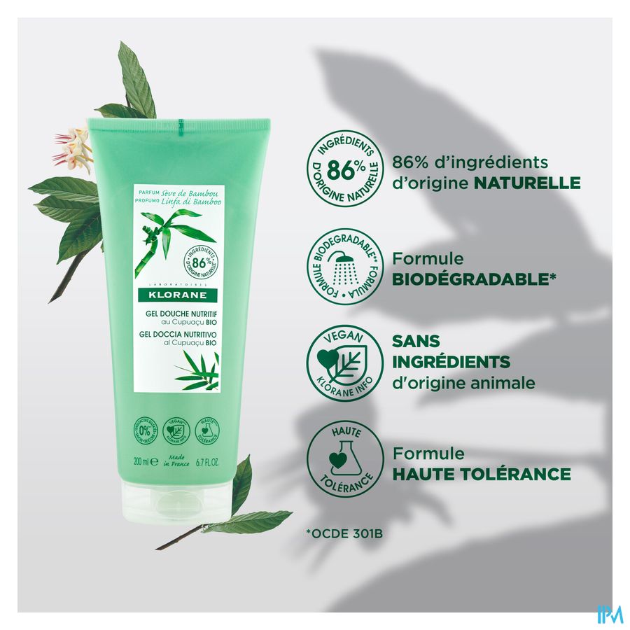 Klorane - Gel douche au Cupuaçu BIO - Sève de Bambou - Tous types de peaux