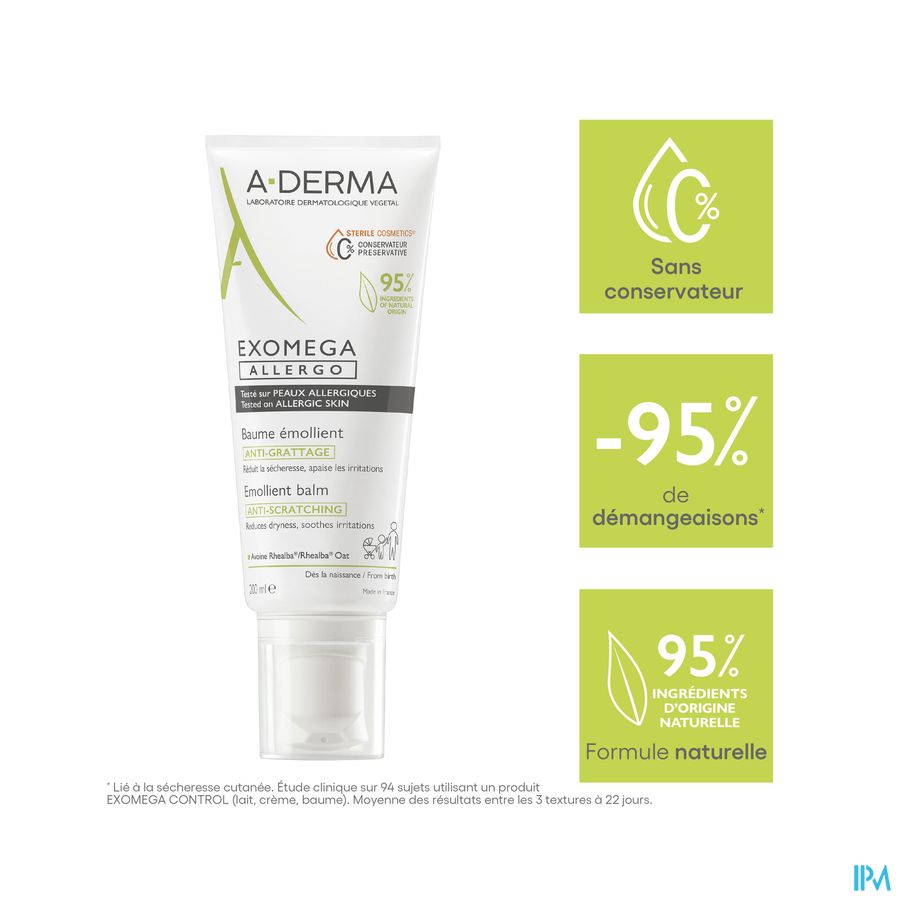 A-DERMA — EXOMEGA ALLERGO - BAUME ÉMOLLIENT COSMETIQUE STERILE -  Peaux allergiques anti-grattage démangeaisons