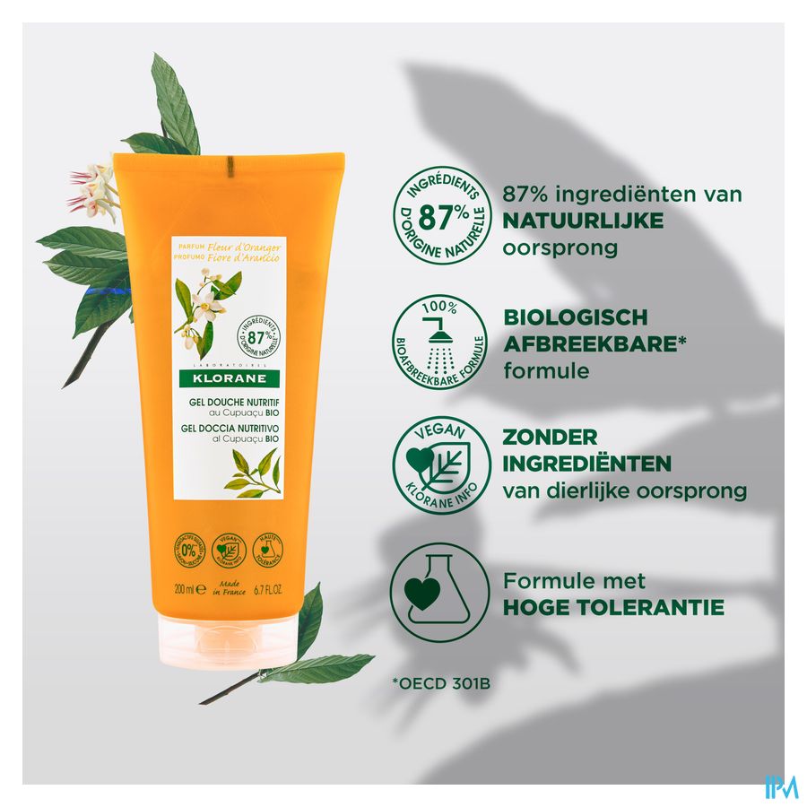 Klorane - Gel douche au Cupuaçu BIO - Fleur d’Oranger - Tous types de peaux