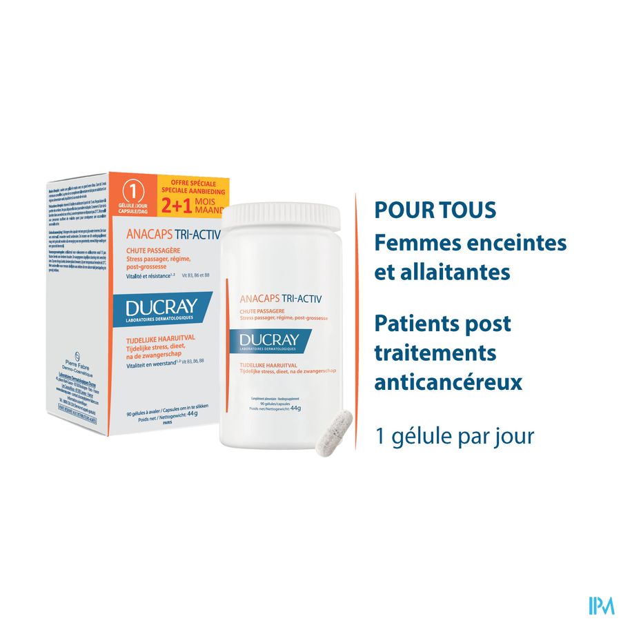 Ducray Anacaps Tri-Activ Complément alimentaire chute de cheveux passagère VITAMINE B 90 gélules