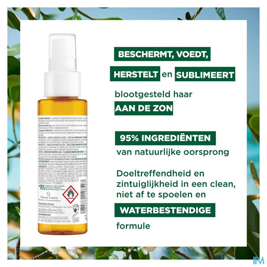 Klorane — Huile protectrice capillaire au Tamanu BIO et Monoï — Cheveux exposés au soleil