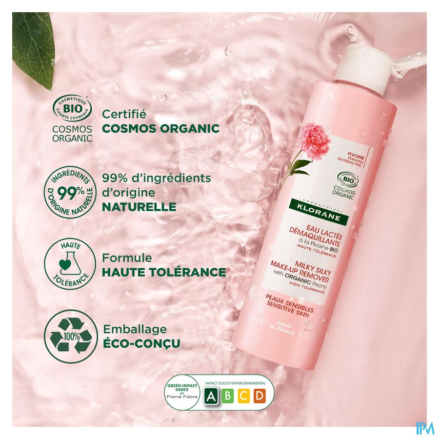 Klorane — Eau lactée démaquillante à la Pivoine BIO — Peaux sensibles