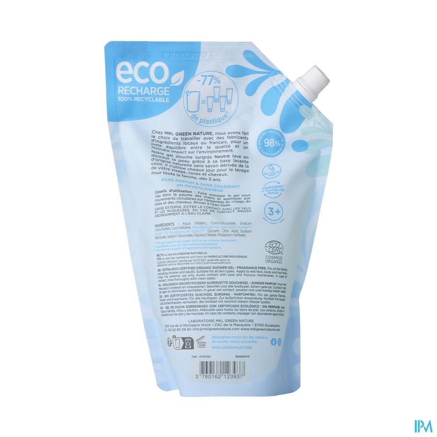 Mkl Gel Douche Bio Neutre Recharge 900ml