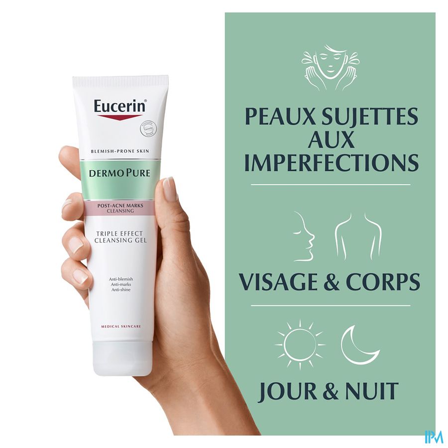 Eucerin DermoPure Gel Nettoyant Triple Action Marques Post-Acné Peau à Imperfections 150ml