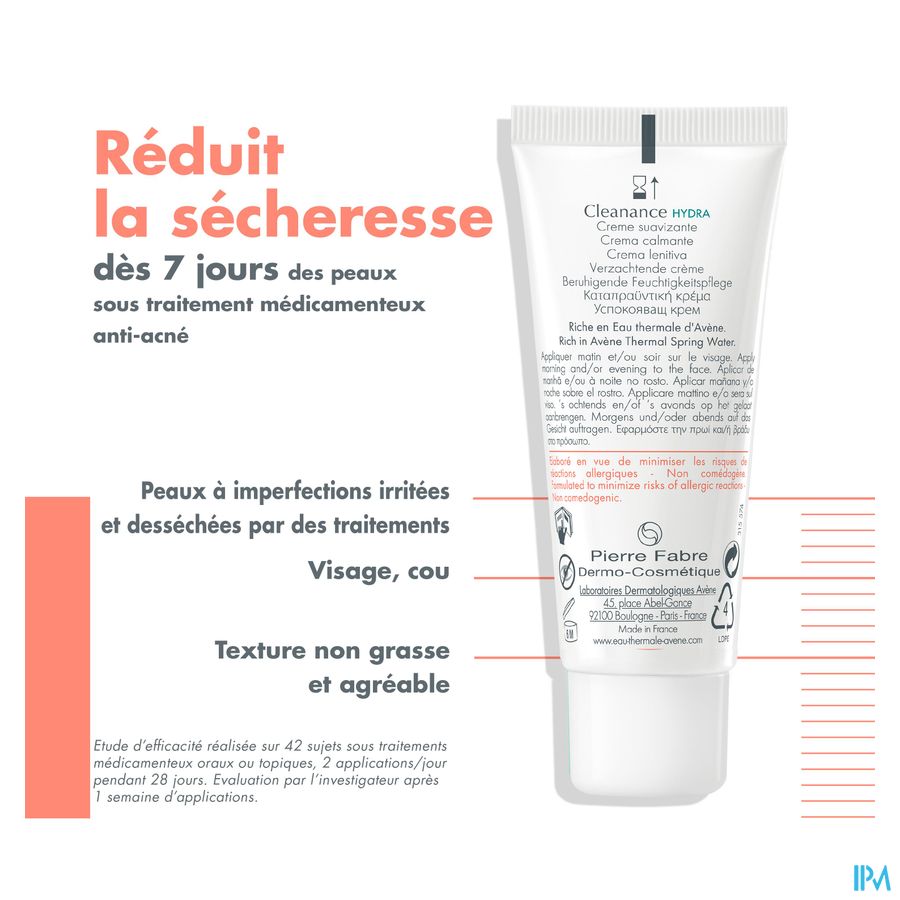 Eau Thermale Avène CLEANANCE HYDRA Crème apaisante - Restaure le confort cutané  - Peaux à imperfections irritées et desséchées par des traitements