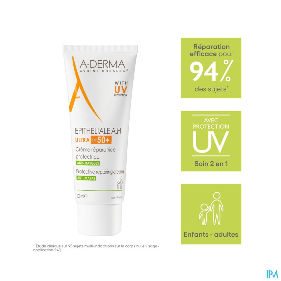 A-DERMA - EPITHELIALE A.H ULTRA SPF50+ CREME REPARATRICE ET PROTECTRICE ANTI-MARQUES - Peaux fragilisées, anti-marques cicatricielles et pigmentaires, post-acte dermatologique ou esthétique superficiel 100ml