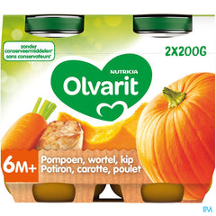 Olvarit Petit Pot Repas Bébé Dès 6 Mois Poulet Citrouille Carotte  2x200g
