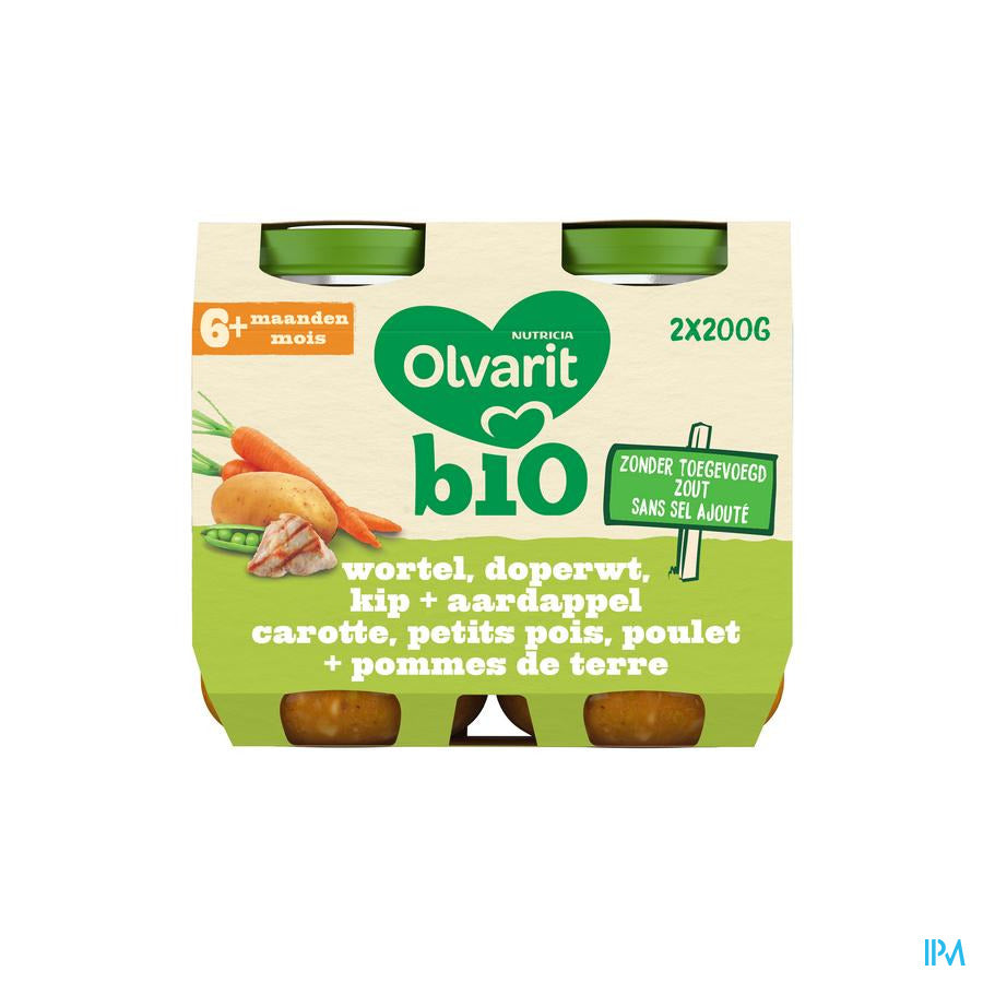 Olvarit Bio Petit Pot Bébé 6m+ Carotte Petits Pois Poulet Pdt 2x200g