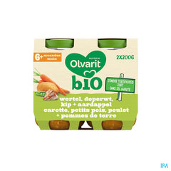 Olvarit Bio Petit Pot Bébé 6m+ Carotte Petits Pois Poulet Pdt 2x200g