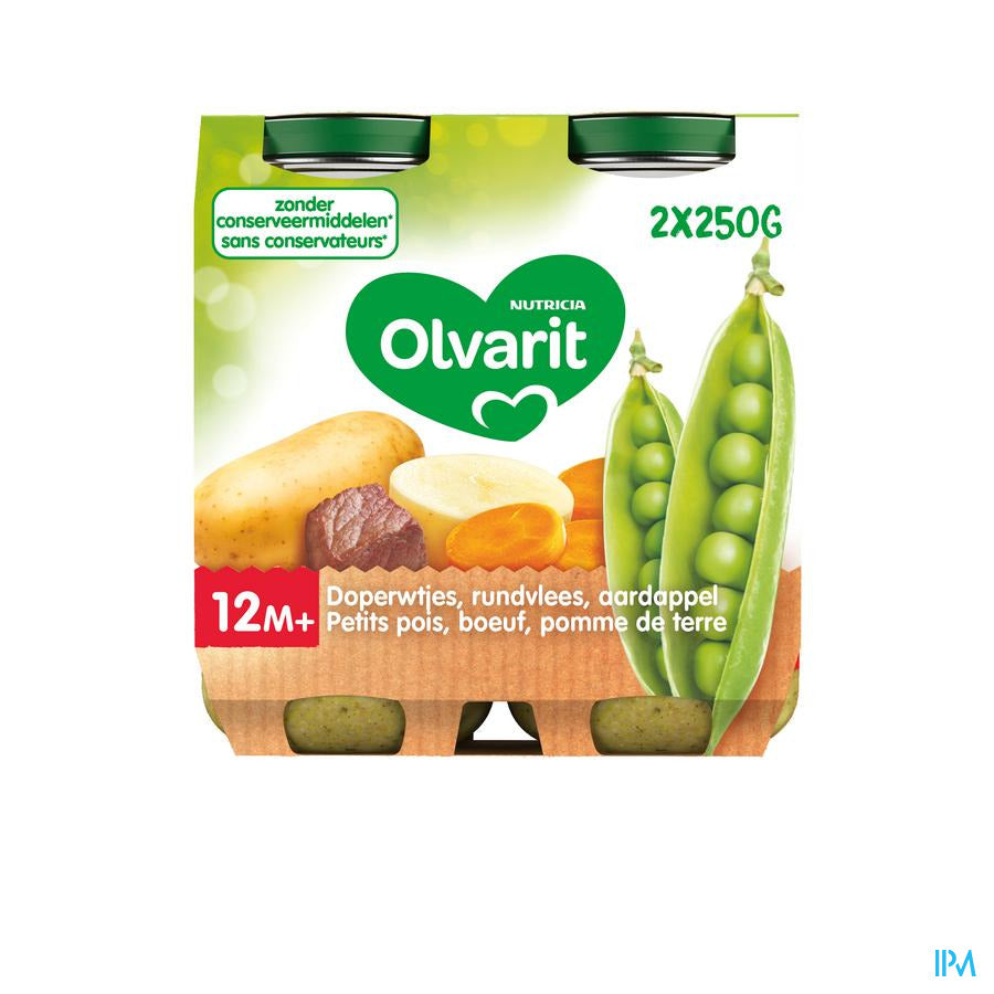 Olvarit Petit Pot Repas Bébé Dès 12 Mois Petits-Pois Boeuf PdT 2x250g