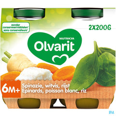 Olvarit Petit Pot Repas Bébé Dès 6 Mois Epinards Poisson Riz 2x200g