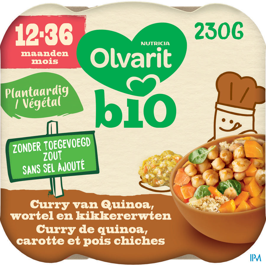 Olvarit BIO Repas Enfant Dès 12 Mois Curry Quinoa Carotte Pois Chiches 230g