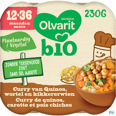 Olvarit BIO Repas Enfant Dès 12 Mois Curry Quinoa Carotte Pois Chiches 230g