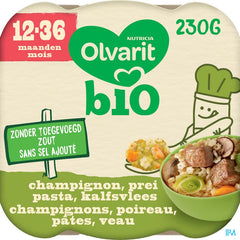 Olvarit Bio Repas Enfant Dès 12 Mois Pâtes Champignons Poireau Veau 230g
