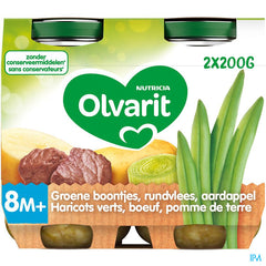 Olvarit Petit Pot Repas Bébé Dès 8 Mois Boeuf Haricots Verts PdT 2x200g