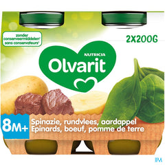 Olvarit Petit Pot Repas Bébé Dès 8 Mois Epinard Bœuf PdT 2x200g
