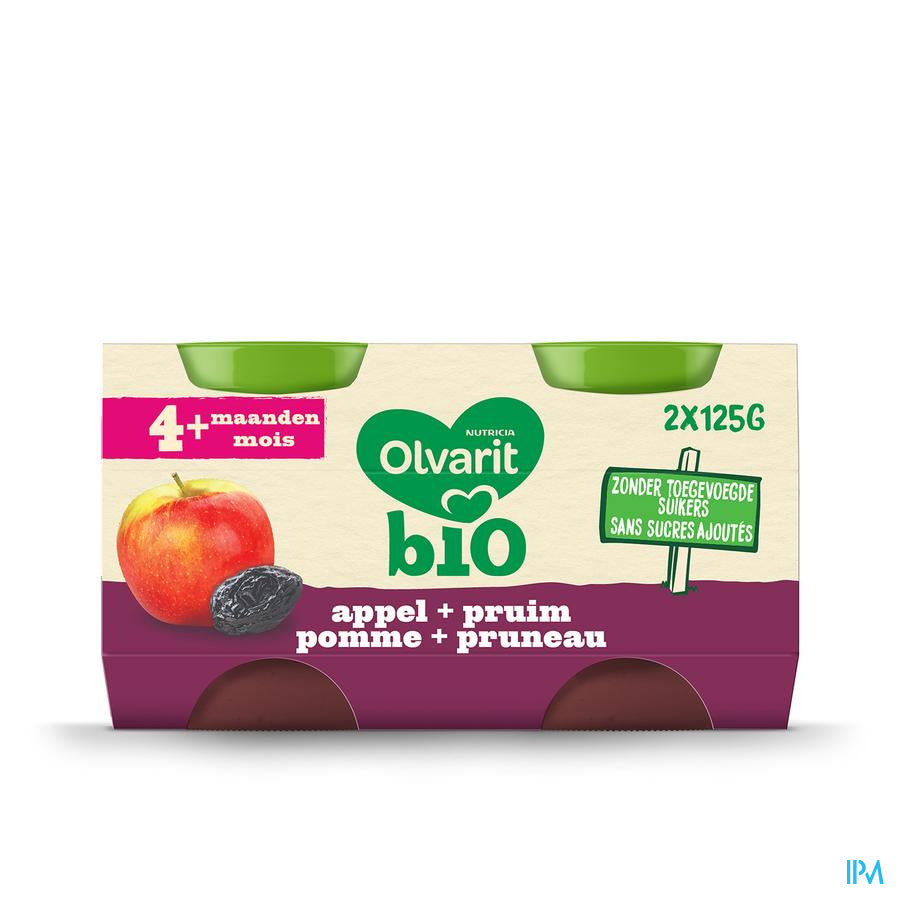 Olvarit Bio Compote Bébé Dès 4 Mois Pomme Pruneau 2x125g