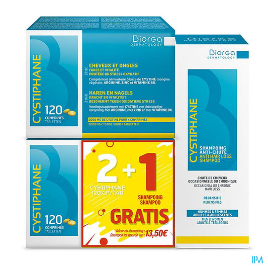 Cystiphane Cheveux Et Ongles Promopack 2x120 Comprimés + Shampoing Anti-Chute 200ml Gratuit