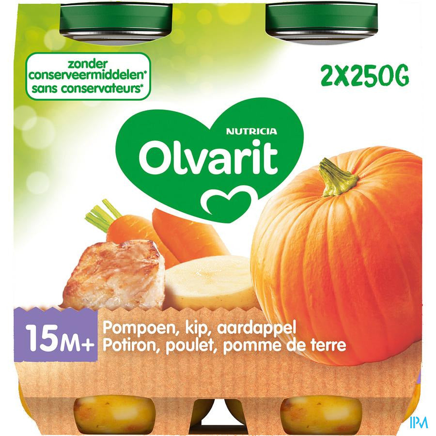 Olvarit Petit Pot Repas Bébé Dès 15 Mois Poulet Potiron PdT 2x250g