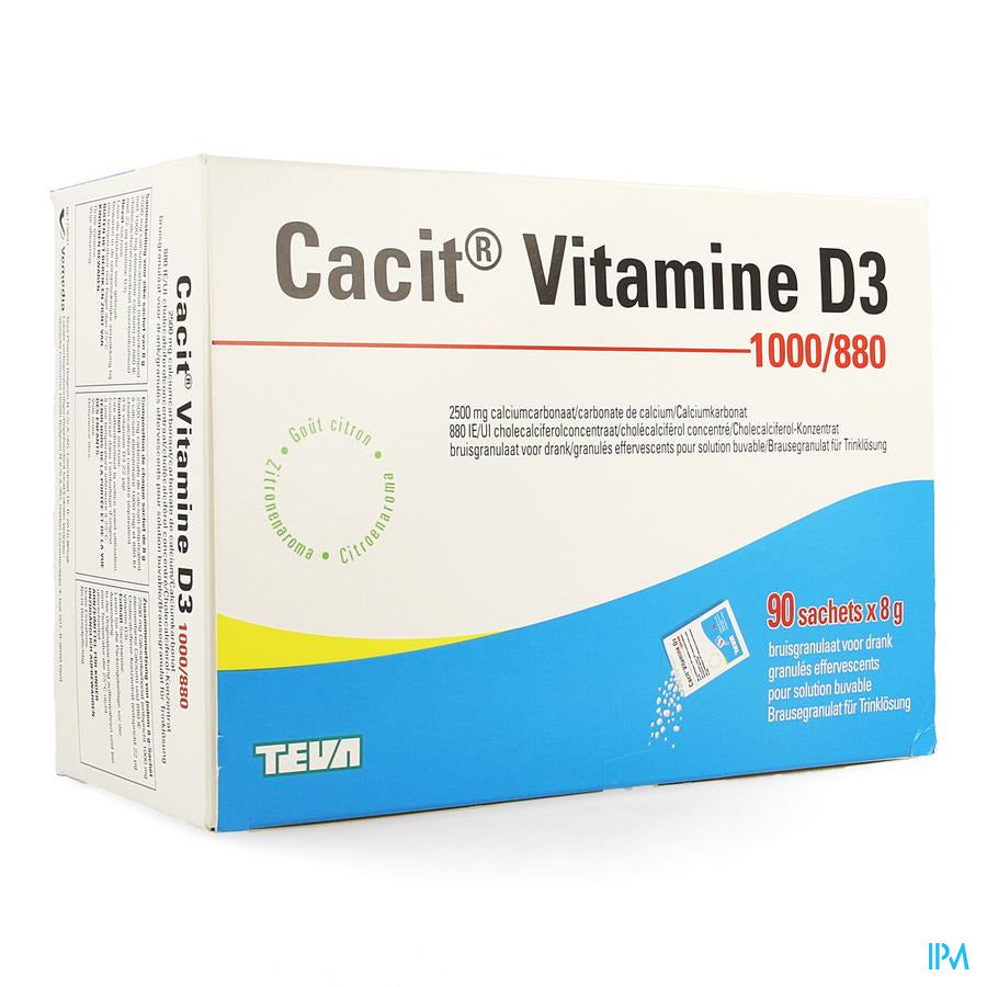 Cacit Vitamine D3 1000/880, granulés effervescents pour solution buvable - 90 sachets - Supplément de Calcium en cas de ostéoporose