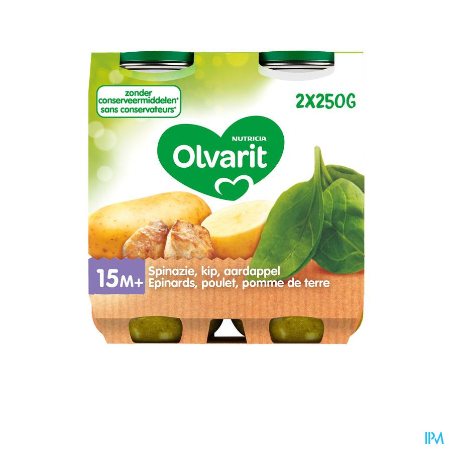 Olvarit Petit Pot Repas Bébé Dès 15 Mois Epindard Poulet PdT 2x250g