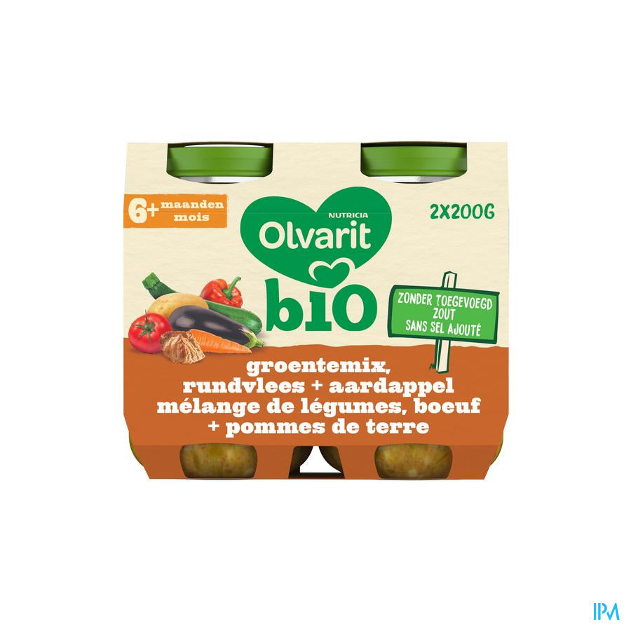 Olvarit Bio Petit Pot Repas Bébé Dès 6 Mois Légumes Boeuf PdT 2x200g