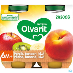 Olvarit Compote Bébé Dès 6 Mois Pêche Banane Kiwi 2x200g