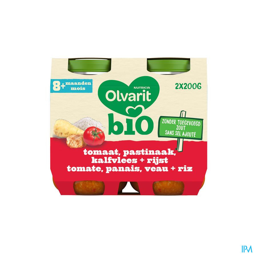 Olvarit Bio Petit Pot Repas Bébé Dès 8 Mois Tomate Riz Veau Pan 2x200g