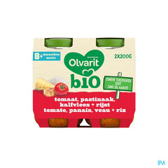 Olvarit Bio Petit Pot Repas Bébé Dès 8 Mois Tomate Riz Veau Pan 2x200g
