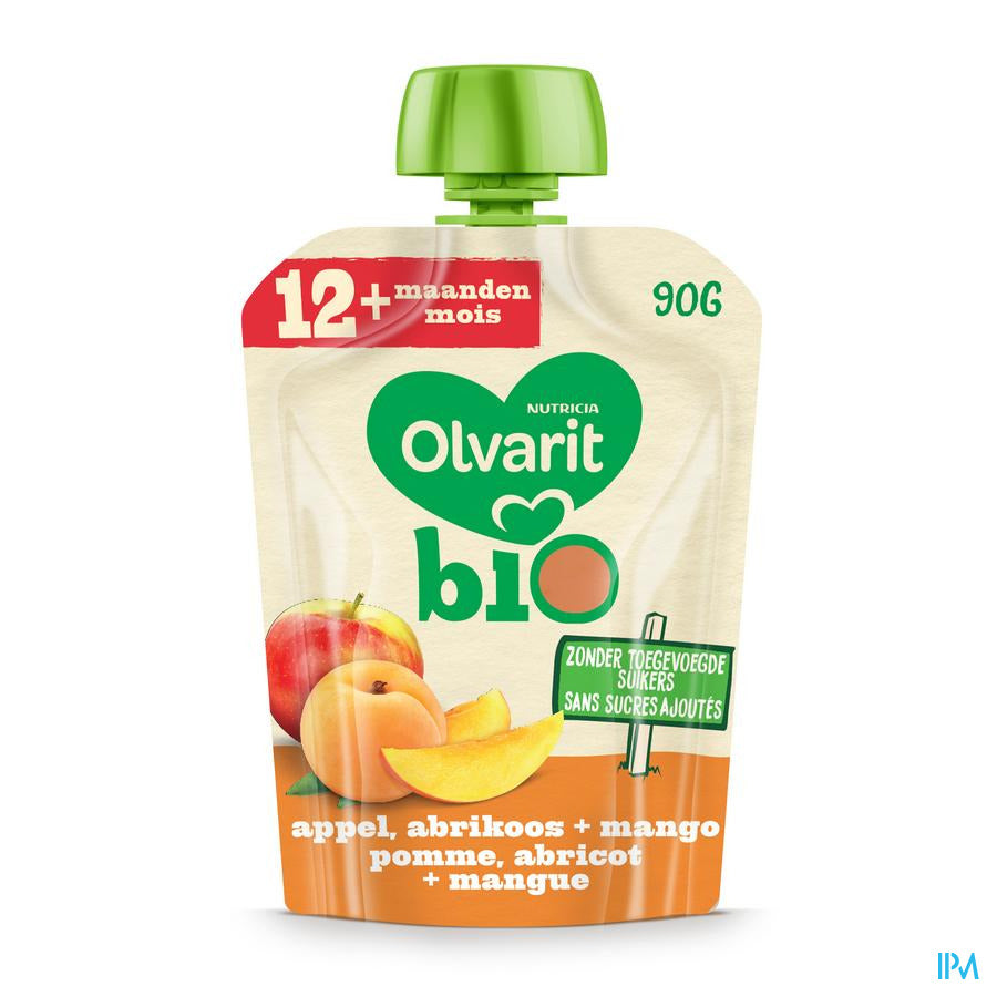 Olvarit BIO Gourde Fruits Bébé Dès 12 Mois Pomme Abricot Mangue 90g