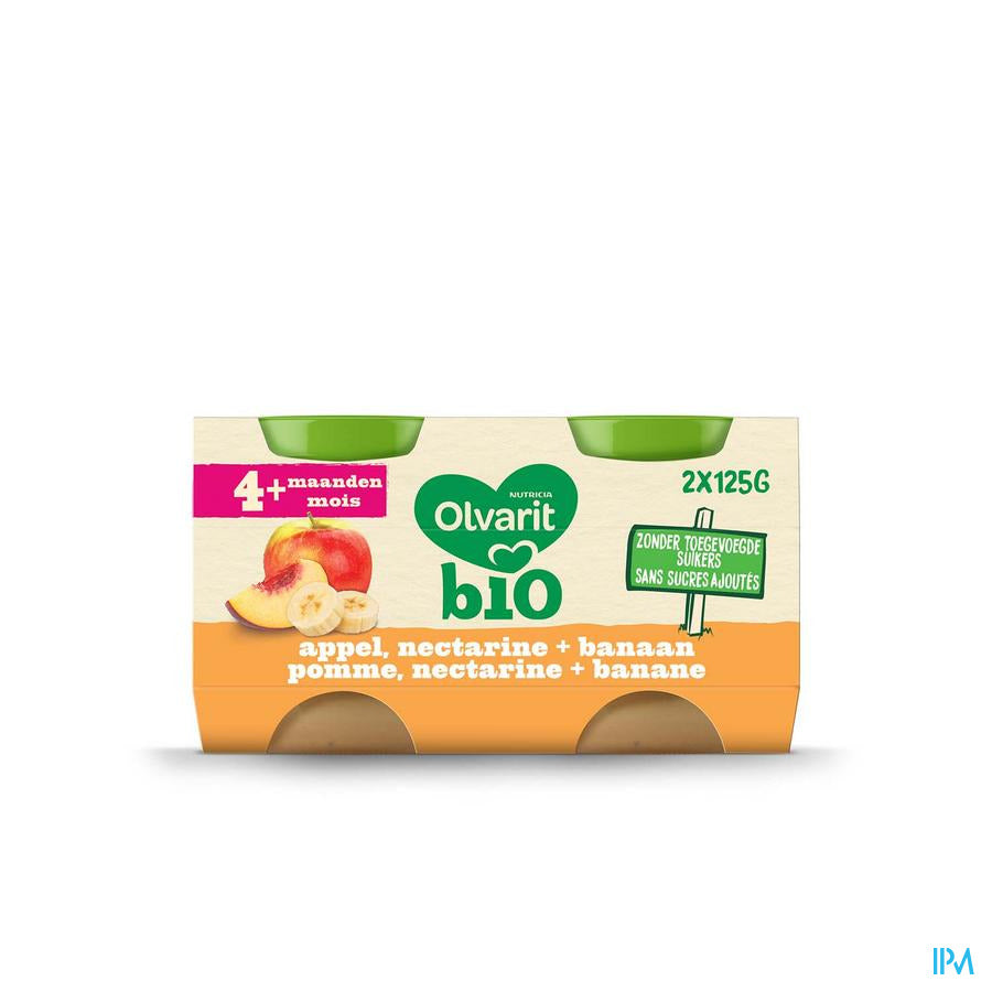 Olvarit Bio Compote Bébé Dès 4 Mois Pomme Nectarine Banane 2x125g